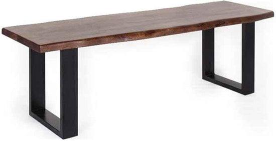 Pemberly Row 55" L Solid Wood Live Edge Dining Bench, Brown & Black Finish, Acacia Wood, Heavy Steel Sled Base, Industrial Modern Style, Scratch-Resistant, Kitchen or Dining Room Seating