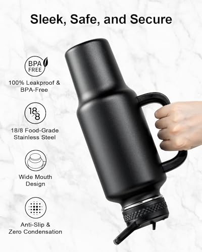 Insulated Water Bottle 40 oz Fits in Car Cup Holder with Side Handle (40 Ounces / Deep Black)