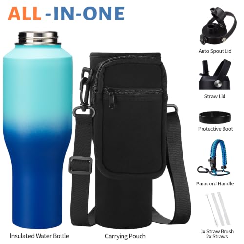 40 oz Insulated Water Bottle with Flip Straw & Auto Spout Lid for Camping (Caribbean Blue / 40 Ounces)