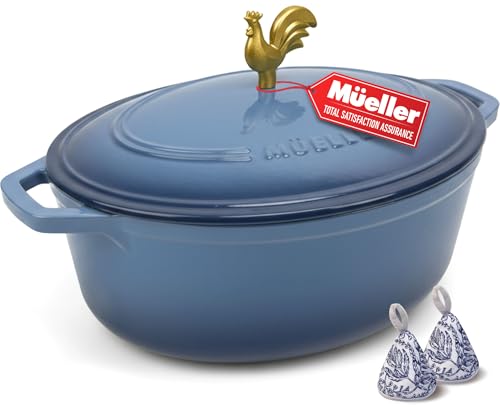 5.5 Quart Enameled Cast Iron Oval Dutch Oven w Rooster Knob & Cotton Potholders