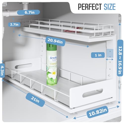 Under Sink Organizer Upgrade To Professional Rails (White / 2 Pack-21"Dx12.8"-16.9"H)