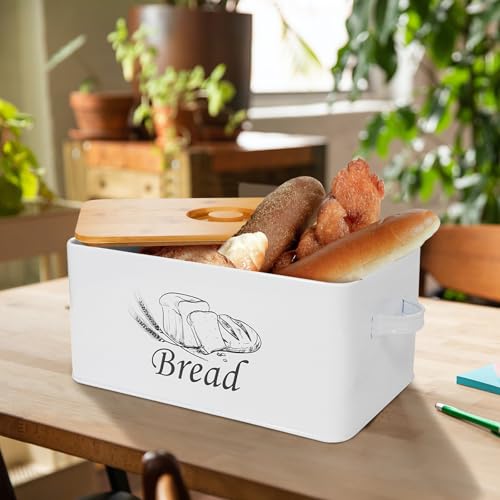 Bread Box with 3pcs Jars Coffee Sugar Tea for Kitchen Countertop White Metal Bread Box with Bamboo Board Cover Pastry Storage Container Set Kitchen decor (White Bread Box Set)
