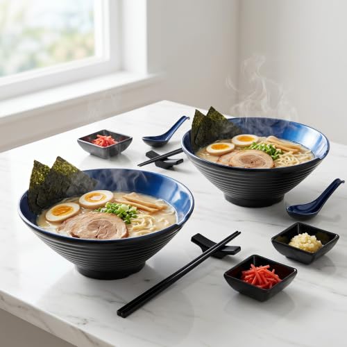 Unbreakable Melamine Ramen Bowl Set （2 piece set） (Blue-Black / Set-2)