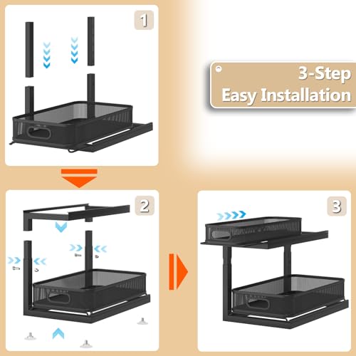 2 Pack Under Sink Storage Organizer with 2 (Black / 2 Pack-15.4"Dx11.8"-16.5"H)