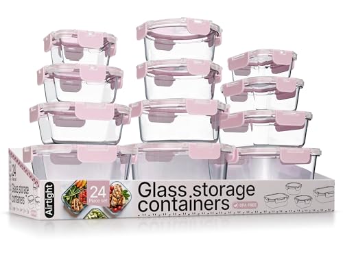 Bakken Borosilicate Glass Food Storage Containers with Lids 24 Pieces (Pink)