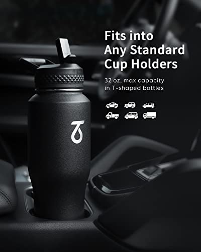 32 oz Water Bottle Insulated Fits in Any Car Cup Holder with 2 Lids (32 Ounces / Black)