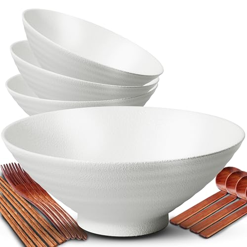 8 Inch Ramen Bowl Set 4 Large Japanese Bowls Ceramic Microwavable 16pcs (Pure White / 8 INCH 4 Set)
