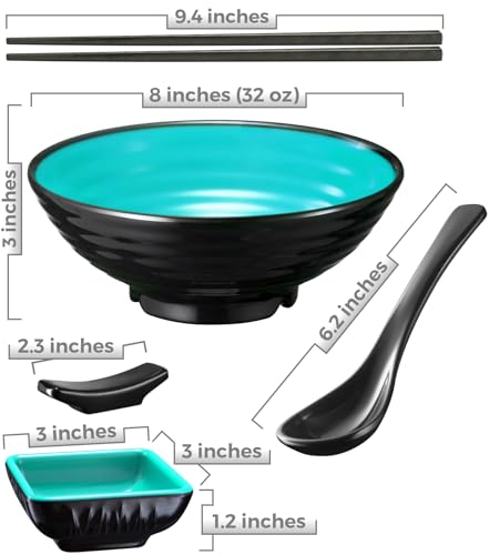 Unbreakable Ramen Bowl Set with Chopsticks and Spoon (2 Bowl Set / Teal & Black)