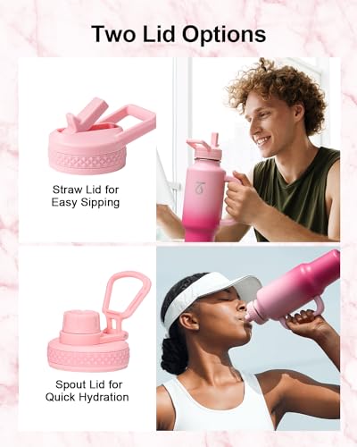 Insulated Water Bottle 40 oz Fits in Car Cup Holder with Side Handle (40 Ounces / Pink)