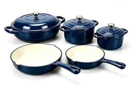 5 Piece Navy Blue Enameled Cast Iron Cookware Set