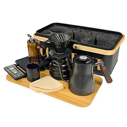 Pour Over Coffee Maker Set Coffee Kettle Scale Ceramic Server Ceramic Dripping Cup Bean Grinder Filter Paper Ceramic Cup ALL in 1 Portable Metal Box for Traveling (5 Count)