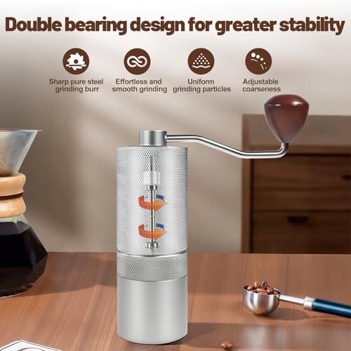 Manual Coffee Grinder Gift Box Detachable Stainless Steel Conical Burr Aluminum Coffee Bean Grinder with 25 Grinding Settings Cleaning Brush Grindable Espresso Moka Pot for Camping Silver (Detachable / Silver)
