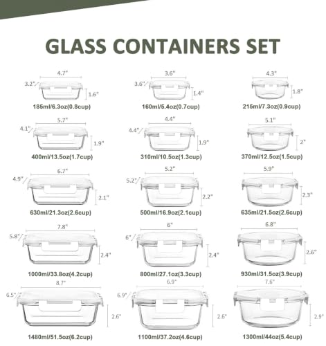 30 Pieces Glass Food Storage Containers Set (White / 15 Pack)