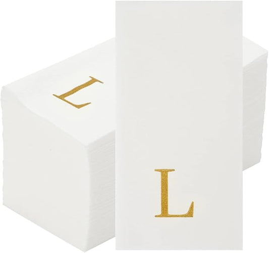 Luxenap 15.8 X 7.9 Inch Linen-Feel Guest Towels, 50 Lettered Hand Towels - Gold Letter 'L', Sans Serif Font, White Paper Dinner Napkins, airlaid, For Restrooms And Tables