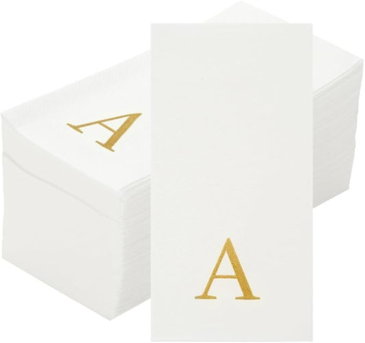 Luxenap 15.8 X 7.9 Inch Linen-Feel Guest Towels, 50 Lettered Hand Towels - Gold Letter 'A', Sans Serif Font, White Paper Dinner Napkins, airlaid, For Restrooms And Tables - Restaurantware
