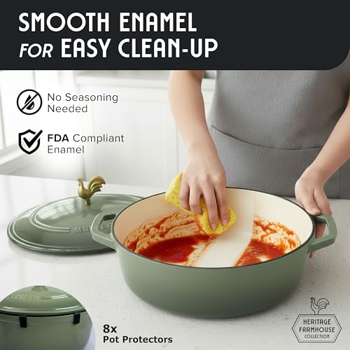 5.5 Quart Enameled Cast Iron Oval Dutch Oven w Rooster Knob & Cotton Potholders