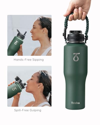 32 oz Water Bottle Insulated Fits in Any Car Cup Holder with 2 Lids (32 Ounces / Dark Green)