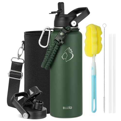 40 oz Insulated Water Bottle with Paracord Handle & Straw Spout Lids (40 Ounces / Jungle Green)