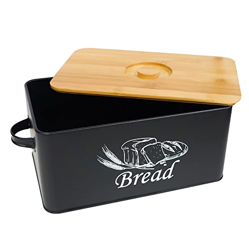 Bread Box with 3pcs Jars Coffee Sugar Tea for Kitchen Countertop White Metal Bread Box with Bamboo Board Cover Pastry Storage Container Set Kitchen decor (Black Box)
