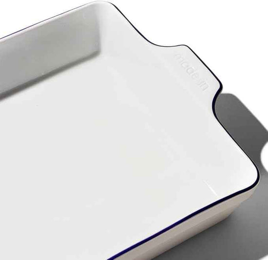 Made In Cookware | Rectangular Baking Dish | Navy Rim | Hand Crafted Porcelain | Professional Bakeware | Made in France