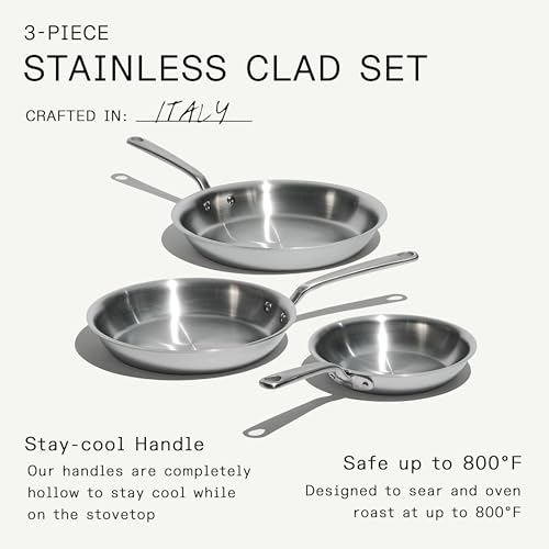 Cookware - 3-Piece (Includes 8",10",12") Stainless Frying Pan Set - 5 Ply Stainless Clad - Professional Cookware - Crafted in Italy - Induction Compatible (3 Count)