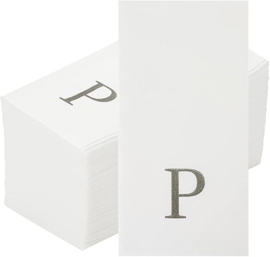 Luxenap 15.8 X 7.9 Inch Linen-Feel Guest Towels, 50 Lettered Hand Towels - Silver Letter 'P', Sans Serif Font, White Paper Dinner Napkins, airlaid, For Restrooms And Tables - Restaurantware
