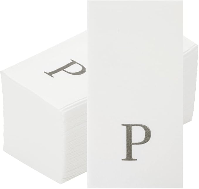 Luxenap 15.8 X 7.9 Inch Linen-Feel Guest Towels, 50 Lettered Hand Towels - Silver Letter 'P', Sans Serif Font, White Paper Dinner Napkins, airlaid, For Restrooms And Tables - Restaurantware