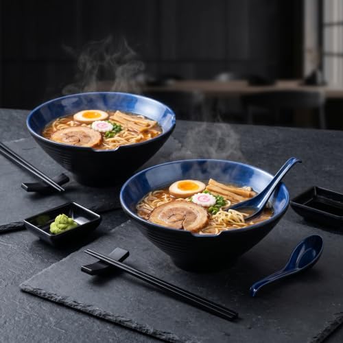 Unbreakable Melamine Ramen Bowl Set （2 piece set） (Blue-Black / Set-2)