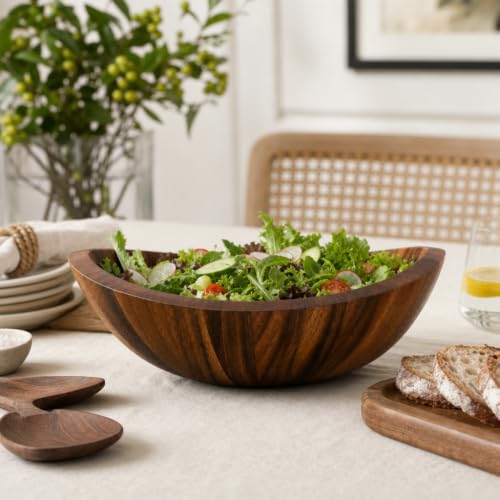 Large Acacia Wood Salad Serving Bowl (4" Tall x 11" Diameter)