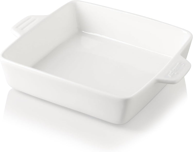 Sweejar Ceramic Baking Dish, 9 x 9 Cake Baking Pan for Brownie, Porcelain Square Bakeware with Double Handle for Casserole, Lasagna, Family Dinner (White)
