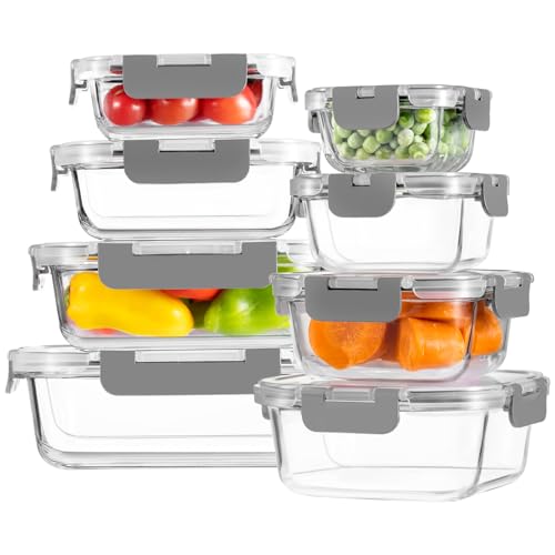 8 Pack Glass Food Storage Containers with Snap Locking Lids for Meal Prep (Grey / 8 Pack)