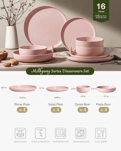 Milkyway 16 Piece Stoneware Dinnerware Set (Light Pink / Service for 4 (Include Pasta Bowls))