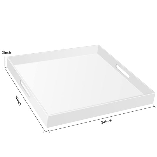 24×24 Inch Golssy White Acrylic Serving Tray with Handles Extra Large Ottoman Tray Decorative Tray Spill