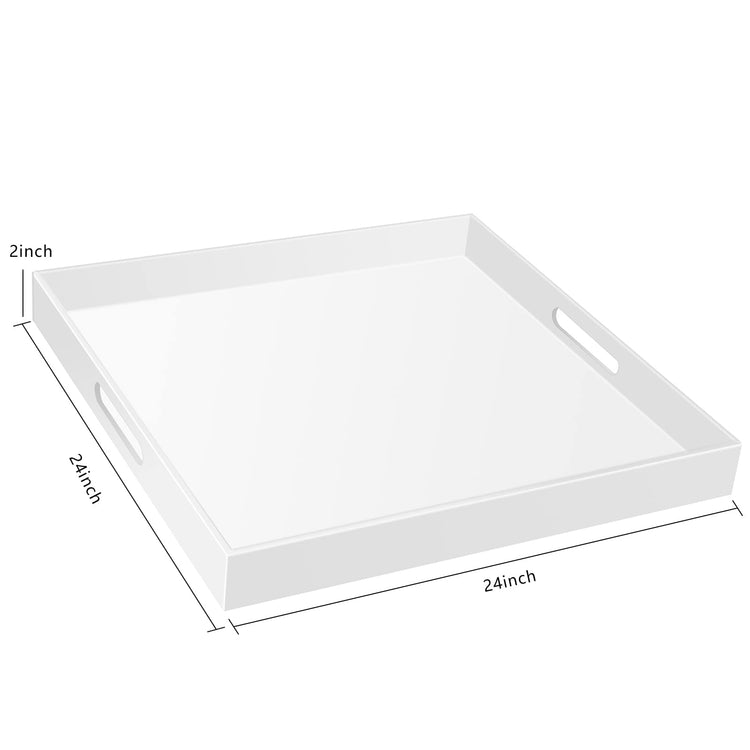 24×24 Inch Golssy White Acrylic Serving Tray with Handles Extra Large Ottoman Tray Decorative Tray Spill