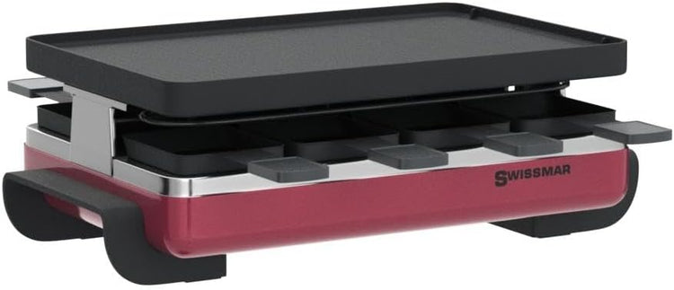 Swissmar Classic 8-Person Raclette Party Grill with Reversible Cast Aluminum Non-Stick Grill Plate/Crepe Top, Indoor Electric Raclette Grill & Griller - Black Grill Plate - Red