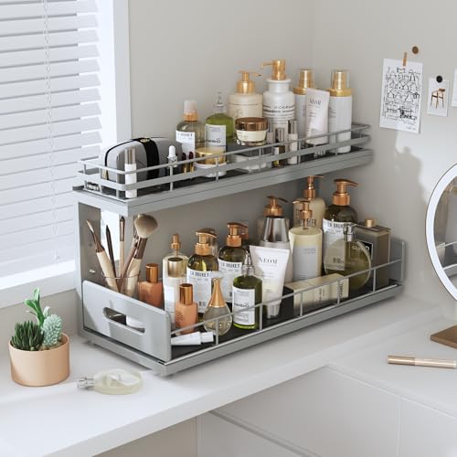 Under Sink Organizer Upgrade To Professional Rails (Gun Gray / 2 Pack-18.5"Dx12.8"-16.9"H)