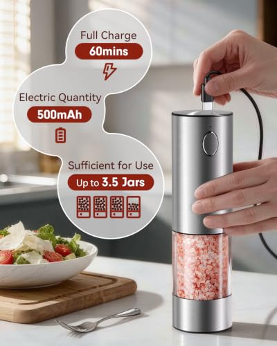 Larger Capacity Rechargeable Electric Salt and Pepper Grinder Set (Silver)