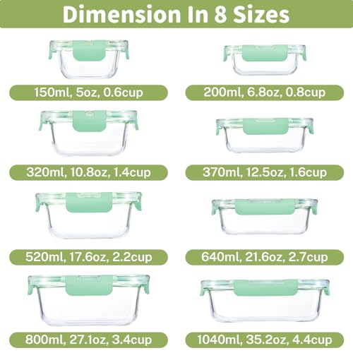 8 Pack Glass Food Storage Containers with Snap Locking Lids for Meal Prep (Light Blue / 8 Pack)