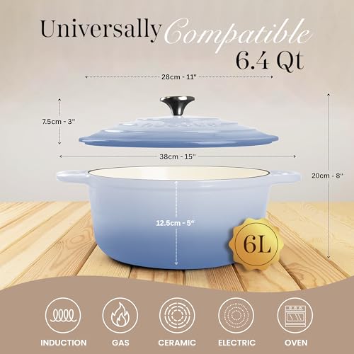 Enamelled Cast Iron Dutch Oven Pot with Lid 6.4 Quart Non Stick Casserole Pot