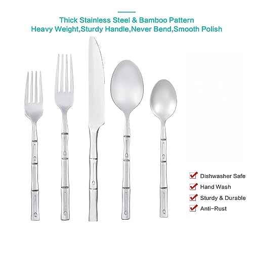 Silverware Set Silver Bamboo Handle Flatware Stainless Steel Heavy Cutlery Set 20 Pieces Mirror Polished Spoons Forks and Knives Service for 4
