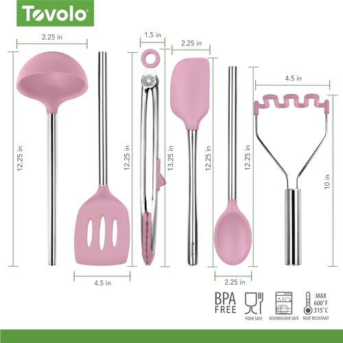 Silicone Cooking Utensil Set of 6 Pink Sorbet Ladle Slotted Turner Tongs Flex Core Spatula Scraper Mixing Spoon and Potato Masher (Pink Sorbet)