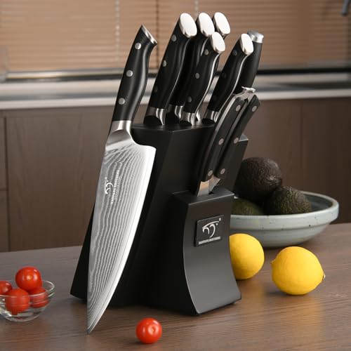 9 Piece Damascus Kitchen Knife Set with Block (9 Count)