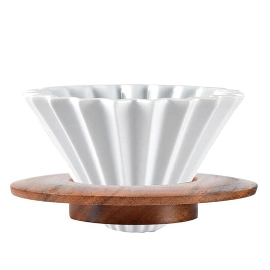 Ceramic Coffee Dripper Pour Over Coffee Maker with Wood Stand Elegant Flower Shape Filter