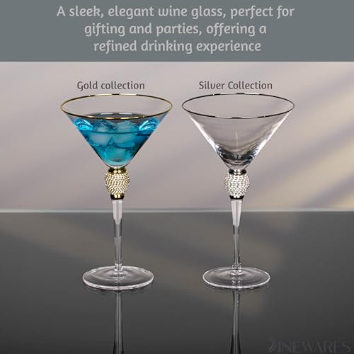 4 Piece Premium Clear Stem Crystal Martini Glasses with Gold Rim and Diamond