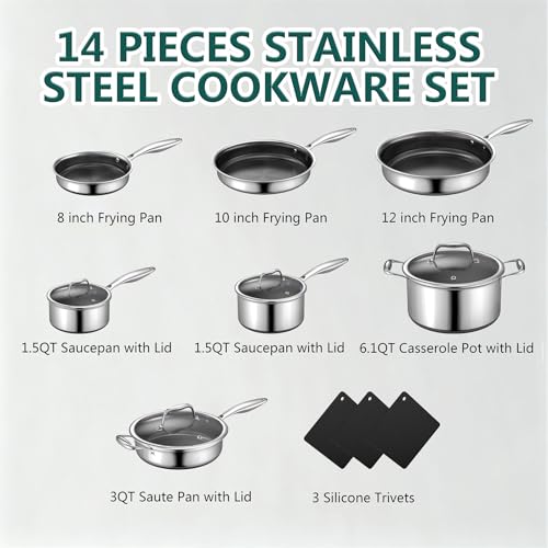 14 Piece Hybrid Stainless Steel Cookware Set with 3 Silicone Trivets