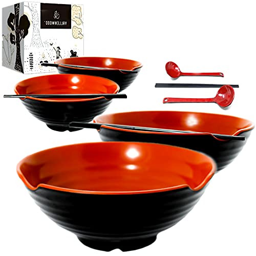 4 XL Ramen bowl set. 12 Pieces Pho Bowls. Asian Japanese soup. Utensil (9 inch x4 / Red Black)