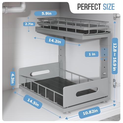 Under Sink Organizer Upgrade To Professional Rails (Gun Gray / 2 Pack-14.5"Dx12.8"-16.9"H)