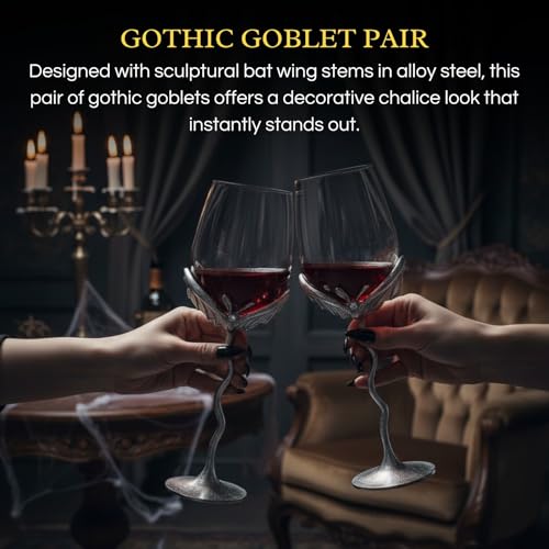 Silver Bat Wine Glasses Set of 2 Gothic Goblets with Alloy Steel Stems and Borosilicate Glass Unique Spooky Barware for Wine Lovers Dining Parties Holiday Gift Collectible Display (2 Count)