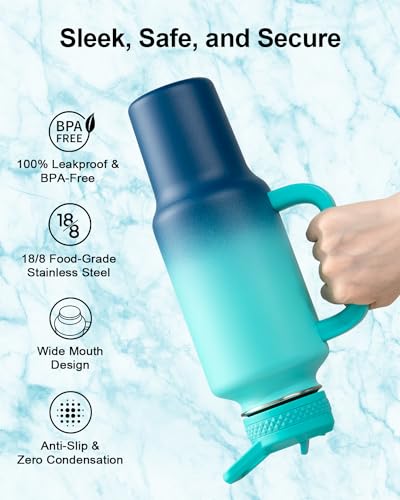 Insulated Water Bottle 40 oz Fits in Car Cup Holder with Side Handle (40 Ounces / Blue)