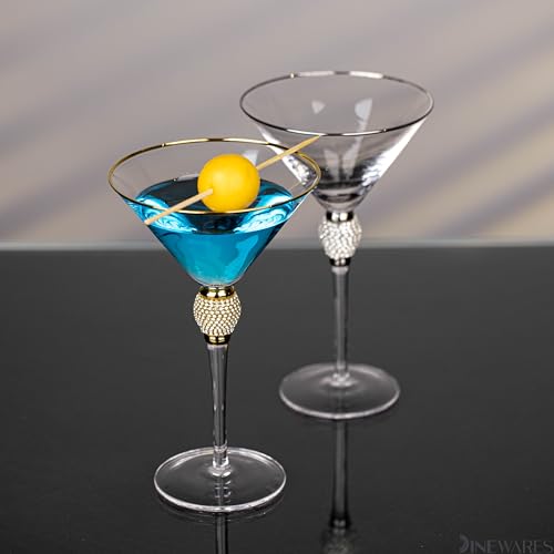 2 Piece Premium Clear Stem Crystal Martini Glasses with Gold Rim and Diamond